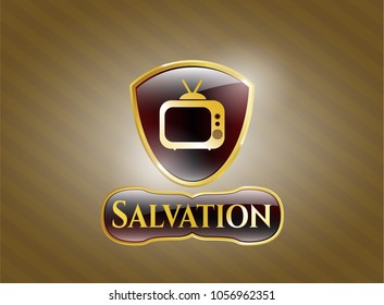  Shiny badge with old tv, television icon and Salvation text inside