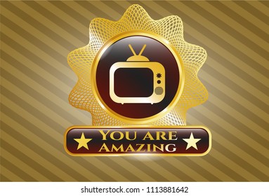 Shiny badge with old tv, television icon and You are Amazing text inside