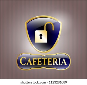  Shiny badge with open lock icon and Cafeteria text inside