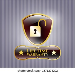  Shiny badge with open lock icon and Life Time Warranty text inside