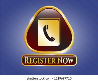  Shiny badge with phonebook icon and Register Now text inside