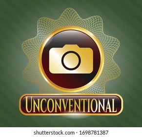  Shiny badge with photo camera icon and Unconventional text inside