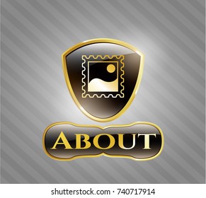  Shiny badge with picture icon and About text inside
