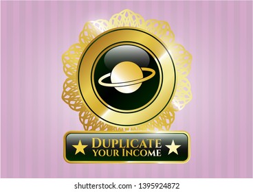  Shiny badge with planet, saturn icon and Duplicate your Income text inside