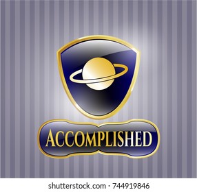  Shiny badge with planet, saturn icon and Accomplished text inside