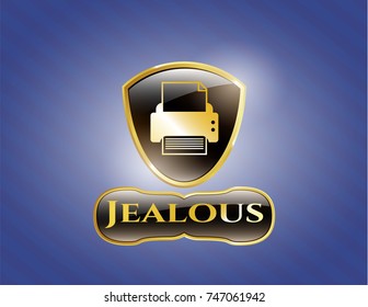 Shiny badge with printer icon and Jealous text inside
