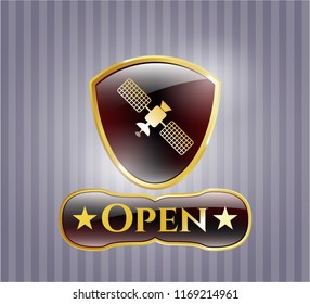  Shiny badge with satelite icon and Open text inside