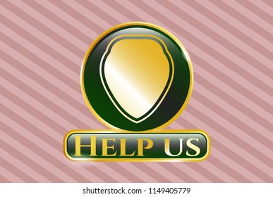  Shiny badge with shield icon and Help us text inside