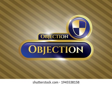Shiny badge with shield, safety icon and Objection text inside