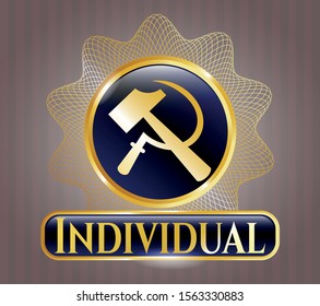  Shiny badge with sickle and hammer icon and Individual text inside