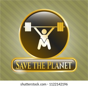  Shiny badge with snatch, weightlifting icon and Save the Planet text inside