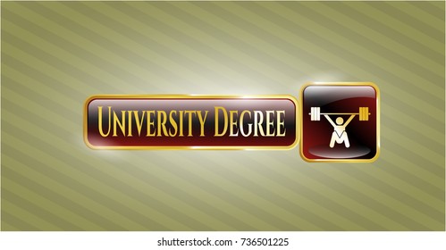  Shiny badge with snatch, weightlifting icon and University Degree text inside