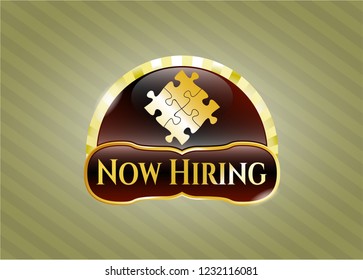  Shiny badge with solution icon and Now Hiring text inside