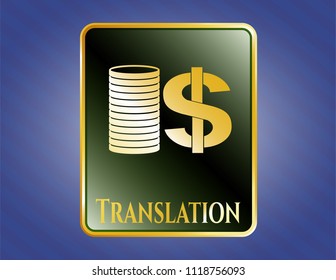  Shiny badge with stack of coins icon and Translation text inside