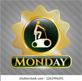  Shiny badge with stationary bike icon and Monday text inside