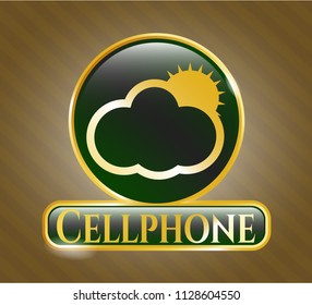  Shiny badge with sun behind cloud icon and Cellphone text inside