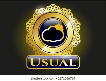  Shiny badge with sun behind cloud icon and Usual text inside