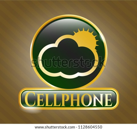  Shiny badge with sun behind cloud icon and Cellphone text inside