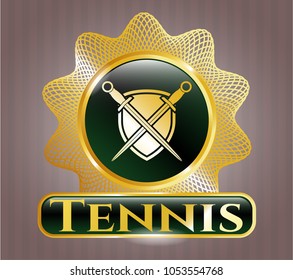  Shiny badge with swords crossed with shield icon and Tennis text inside
