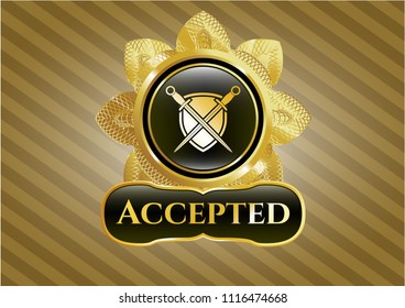  Shiny badge with swords crossed with shield icon and Accepted text inside