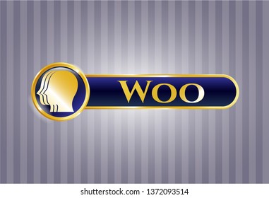  Shiny badge with team work icon and Woo text inside