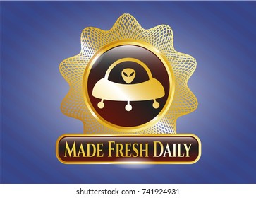  Shiny badge with ufo with aline inside icon and Made Fresh Daily text inside