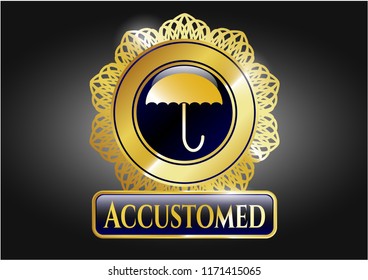  Shiny badge with umbrella icon and Accustomed text inside