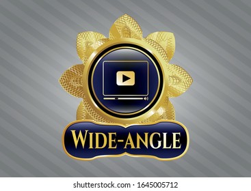  Shiny badge with video player icon and Wide-angle text inside