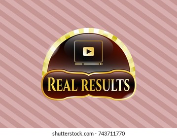  Shiny badge with video player icon and Real results text inside