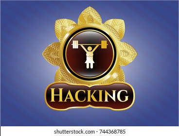 Shiny badge with weightlifter girl icon and Hacking text inside