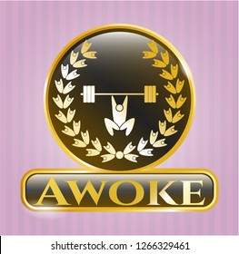 Shiny badge with weightlifting inside of crown icon and Awoke text inside
