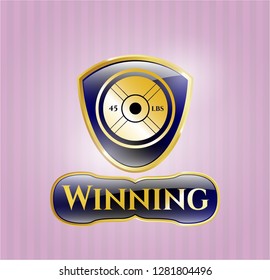  Shiny badge with weightlifting or powerlifting plate (45 lbs) icon and Winning text inside