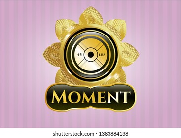  Shiny badge with weightlifting or powerlifting plate (45 lbs) icon and Moment text inside