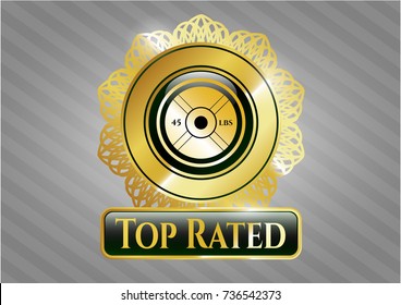  Shiny badge with weightlifting or powerlifting plate (45 lbs) icon and Top Rated text inside
