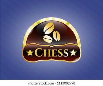   Shiny badge wit Golden emblem or badge with coffee bean icon and Chess text insideh coffee bean icon and Chess text inside