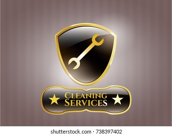  Shiny badge with wrench icon and Cleaning Services text inside