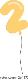 Um balão brilhante em forma de número dois com uma corda em estilo cartoon. O balão numérico é brilhante e está fixado a um fio fino. Ilustração de vetor de desenhos animados.