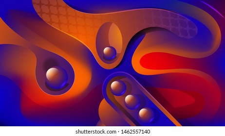 shiny balls are arranged in a space consisting of abstract blue-orange shapes with smooth wavy edges. futuristic wallpaper. vector image