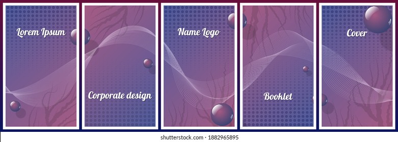 shiny balls, intertwining thin flowing lines, white lettering on the background of textured blue burgundy rectangles with a white frame. vector set of five images executed in the same style.
