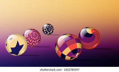 shiny balls with a variety of patterns on a blue-pink-yellow background. art wallpaper. vector