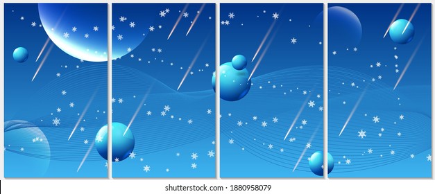 shiny balls, white snowflakes, falling meteorites, overlapping thin wavy lines on a blue background. art pano from four images. corporate booklet. layout. vector.
