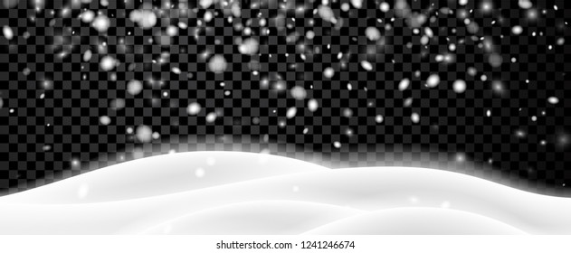 Shiny banner with winter landscape and snow on transparent backdrop for seasonal, Christmas and New Year decoration. Vector background.
