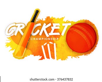 Shiny bat with ball and wicket stumps on stylish abstract background for Cricket Championship concept.