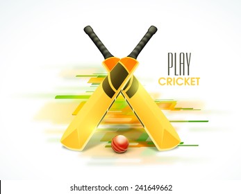 Shiny bats and red ball for Cricket on colorful abstract background.