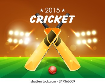 Shiny bats with red ball for Cricket 2015 on stadium lights background.