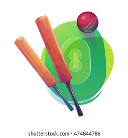 Shiny bats and red ball for Cricket on colorful abstract background. Creative glossy Bats with Ball background for Cricket Championship concept.