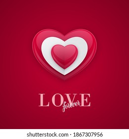 Forma de corazón con forma de abalorio brillante sobre fondo rojo. 3d concepto de amor, diseño de tarjetas de felicitación de San Valentín.