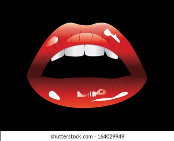Shiny beautiful female lips of red color and white teeth.