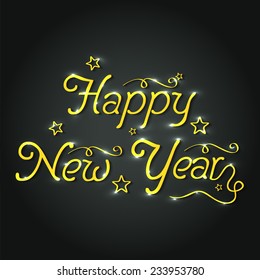Shiny beautiful golden text Happy New Year on stars decorated black background, can be used as poster, banner or flyer.