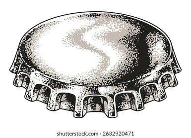 A shiny beer bottle cap is placed on a flat surface reflecting light. The metallic texture and ridged edges create an interesting visual. The setting hints at relaxation and enjoyment.